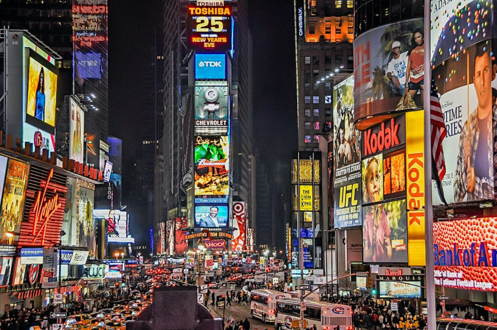 Several colorful LED billboards.