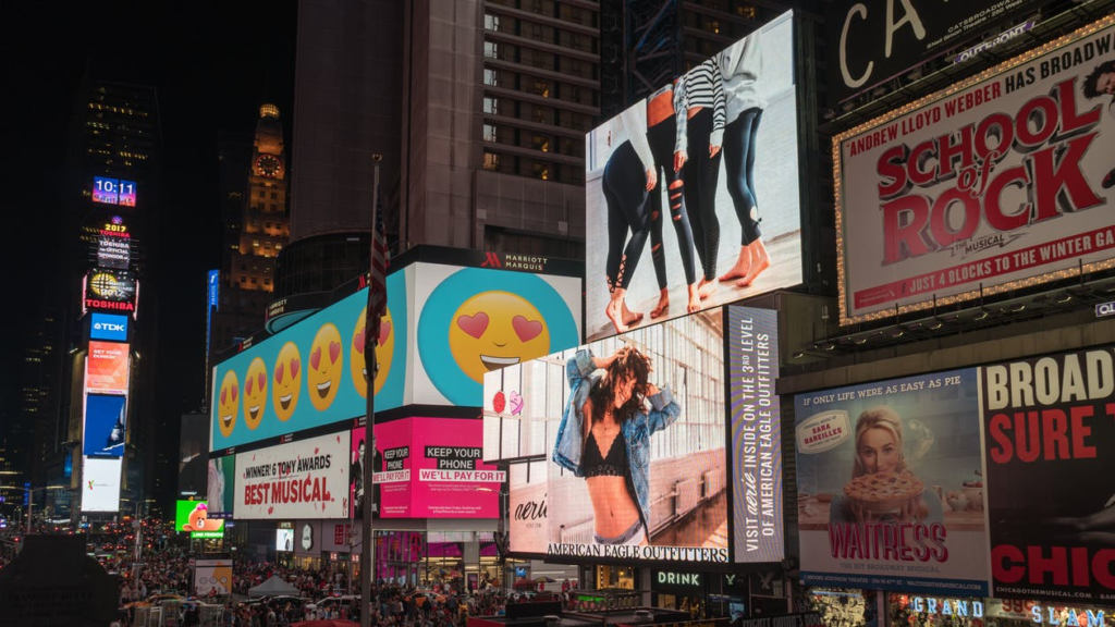 Digital billboards promoting products. 